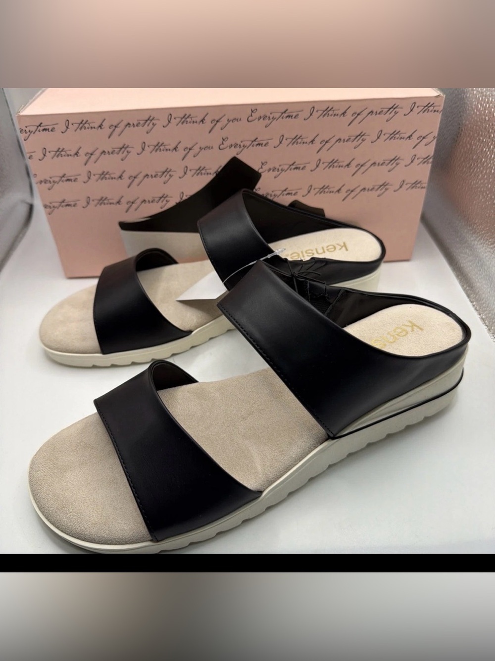 Kensie Womens Endy Comfort Slide Sandals Black White Size 9 M US